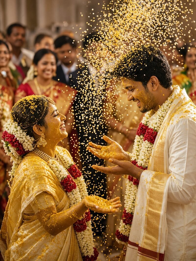 Couple showering talambralu rice over each other